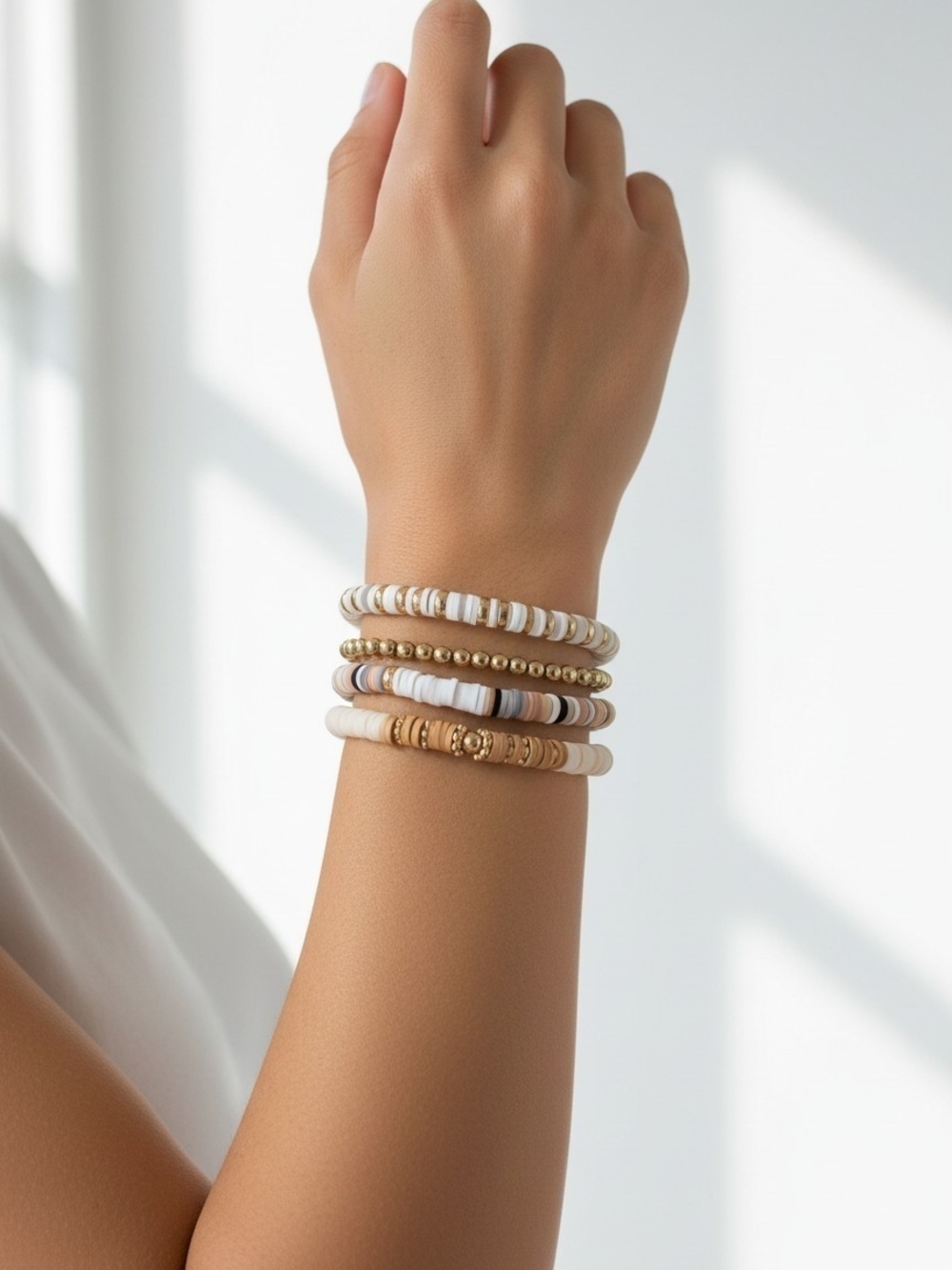 NIB Boho Gold & Neutral Beaded Stretch Bracelet Set Stack - Women Jewelry